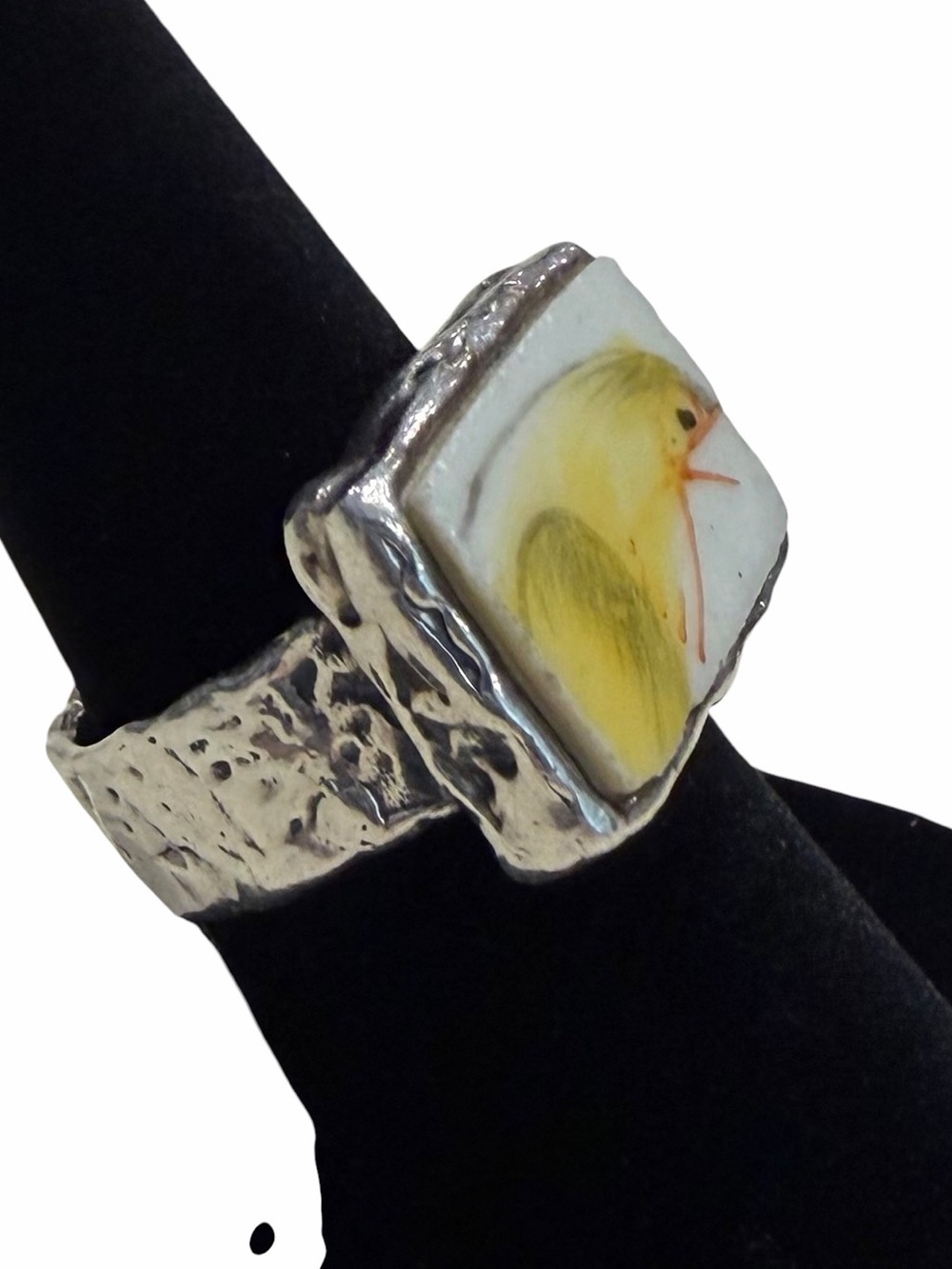 Peyote Bird PB 925 Sterling  Hand Painted Ceramic Bird Statement Ring Size 8